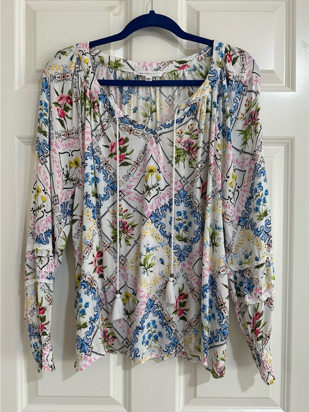 Jane + Delancey Floral Boho Peasant Blouse w/ Tassel Ties, Size L, Like New